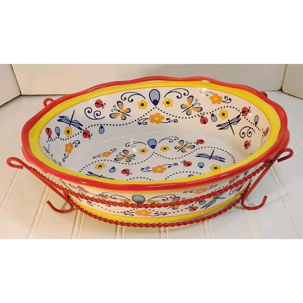 Temptations By Tara 2 Qt Casserole Baking Dish Spring Meadow & Serving Stand